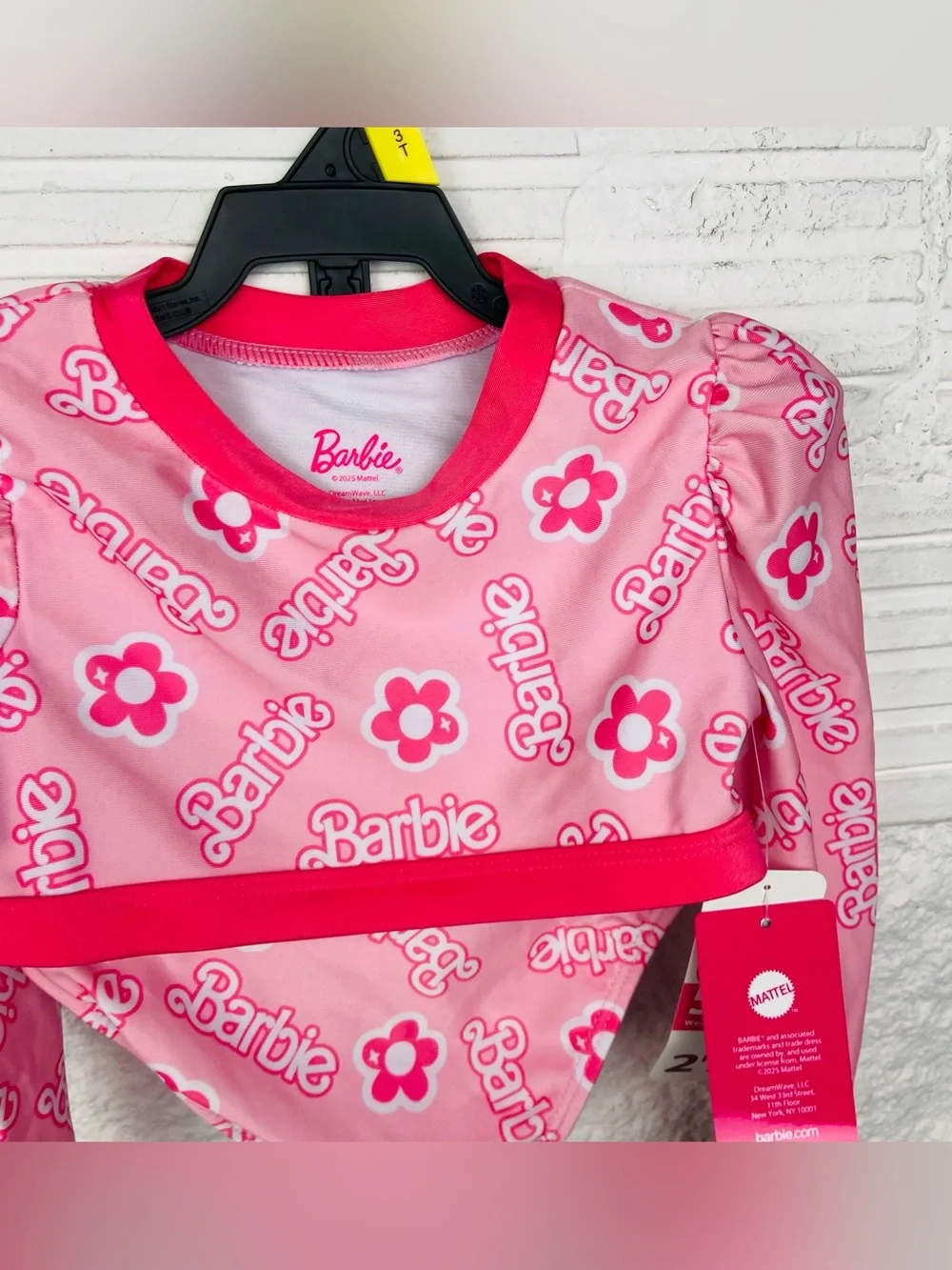 NWT Barbie Pink Floral Logo Long-Sleeve upf 50+ bikini size 3T